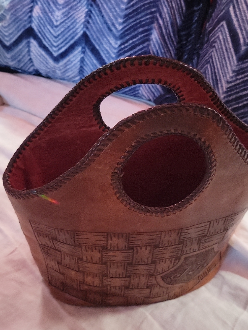 Vintage Leather Handbag Tote With Red Leather Interior and Topstitching